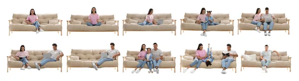 Collage Con Fotos Personas Sentadas Sofás Elegantes Sobre Fondo Blanco —  Fotos de Stock