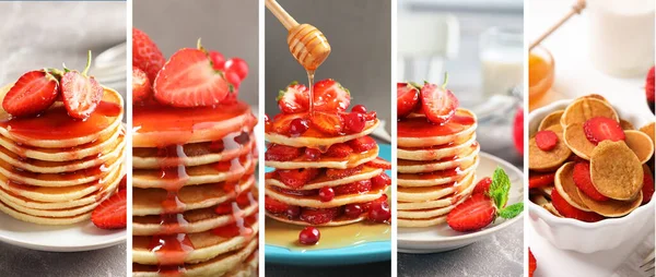 Kolase Pancake Lezat Dengan Stroberi Dan Topping Desain Spanduk — Stok Foto