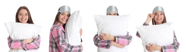 Collage Photos Young Woman Holding Soft Pillows White Background Banner — Stock Photo, Image