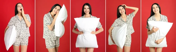 Colagem Com Fotos Jovem Segurando Travesseiros Macios Fundo Vermelho Design — Fotografia de Stock