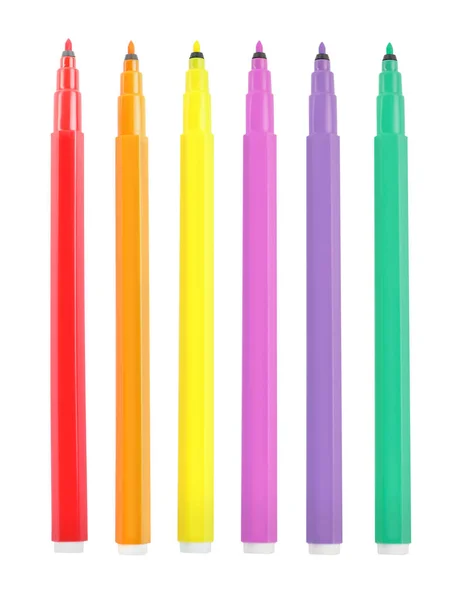 Conjunto Com Canetas Marcadoras Multicoloridas Brilhantes Sobre Fundo Branco — Fotografia de Stock