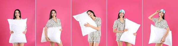 Kolaż Zdjęciami Młodej Kobiety Trzymającej Miękkie Poduszki Różowym Tle Projekt — Zdjęcie stockowe