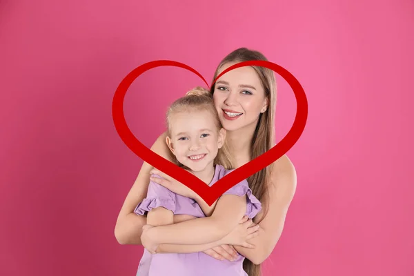 Ілюстрація Червоного Серця Щаслива Мати Маленькою Донькою Рожевому Фоні — стокове фото