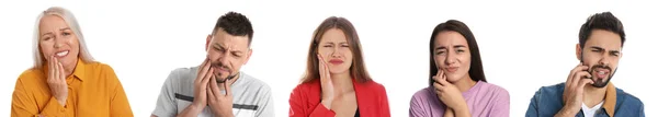 Colagem Com Fotos Pessoas Que Sofrem Dor Dente Fundo Branco — Fotografia de Stock