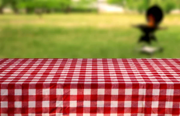晴れた日に屋外で小切手ピクニック布とテーブル デザインのための空間 — ストック写真