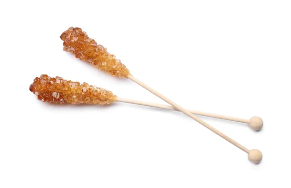 Ξύλινα Sticks Κρύσταλλα Ζάχαρης Που Απομονώνονται Λευκό Πάνω Όψη Νόστιμες — Φωτογραφία Αρχείου