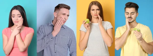 Collage Mit Fotos Von Menschen Die Zahnschmerzen Leiden Auf Verschiedenfarbigen — Stockfoto