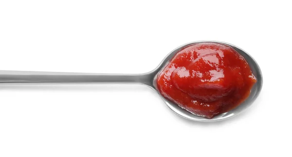 Tasty Ketchup Spoon Isolated White Top View — Stock Photo, Image