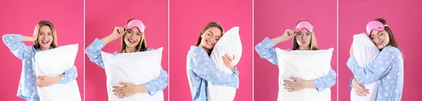 Collage Mit Fotos Von Jungen Frauen Die Weiche Kissen Auf — Stockfoto