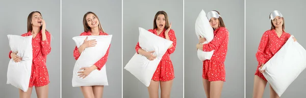 Collage Photos Young Woman Holding Soft Pillows Light Grey Background — Stock Photo, Image