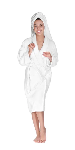 Beautiful Young Woman Wearing Bathrobe Towel Head White Background — Stock Photo, Image