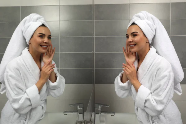Beautiful Young Woman Bathrobe Towel Head Mirror Home — Stock Photo, Image