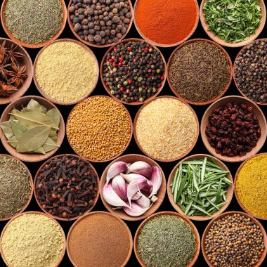 Siyah zemin üzerinde farklı aromatik baharat ve bitkilerin toplanması, düz uzanma