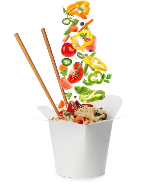 Different Fresh Ingredients Falling Box Wok Noodles White Background — Stock Photo, Image