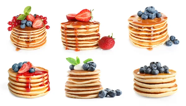 Set Tasty Pancakes White Background — Stock Photo, Image