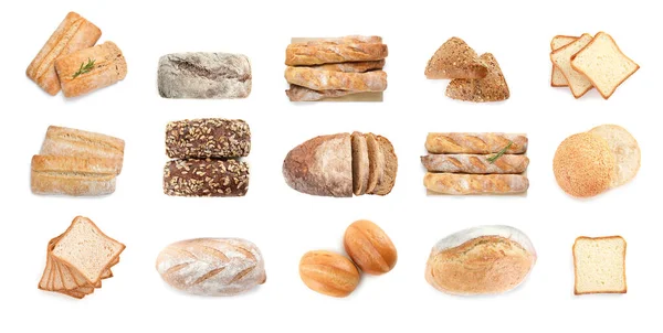 Kolaż Innym Chlebem Białym Tle Widok Góry Projekt Banera — Zdjęcie stockowe