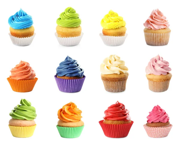 Set Colorful Birthday Cupcakes White Background — Stock Photo, Image