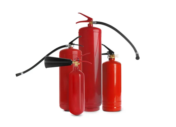 Különböző Tűzoltó Készülékek Csoportja Fehér Alapon — Stock Fotó
