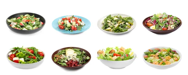 Conjunto Com Diferentes Saladas Saborosas Fundo Branco Design Banner — Fotografia de Stock