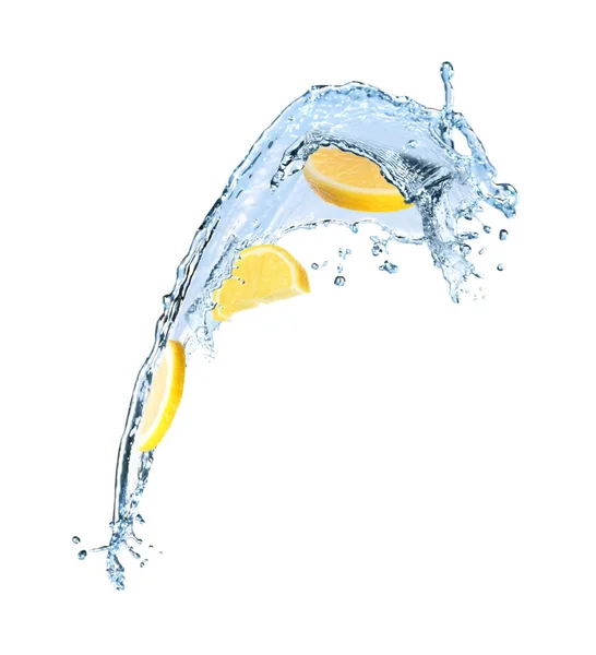 Frische Reife Zitrone Und Spritzwasser Auf Weißem Hintergrund — Stockfoto