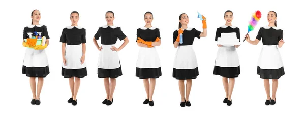 Collage Mit Fotos Von Zimmermädchen Uniform Auf Weißem Hintergrund Banner — Stockfoto