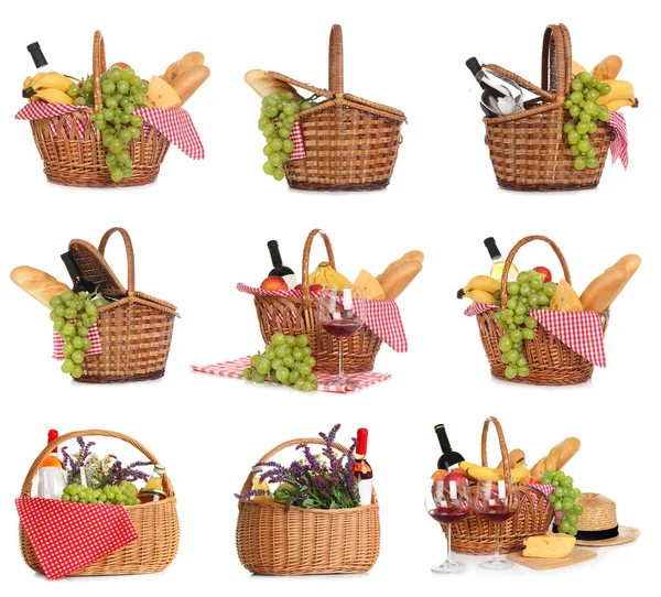 Set Picnic Baskets Flowers Food Wine White Background — Stock Photo, Image