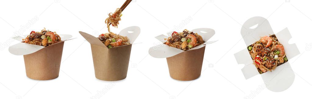 Set with boxes of tasty seafood wok noodles on white background. Banner design