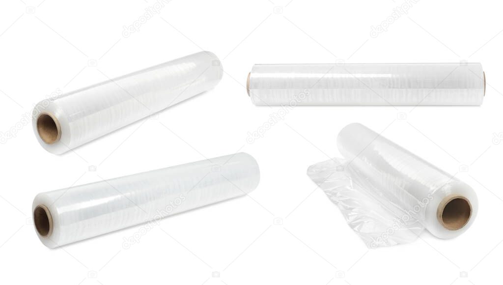 Set with transparent stretch wraps on white background