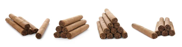 Uppsättning Cigarrer Insvept Tobaksblad Vit Bakgrund Banderolldesign — Stockfoto