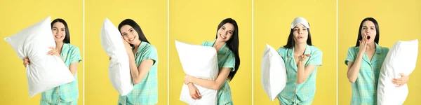 Colagem Com Fotos Jovem Segurando Travesseiros Macios Fundo Amarelo Design — Fotografia de Stock