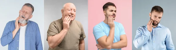 Colagem Com Fotos Homens Que Sofrem Dor Dente Diferentes Fundos — Fotografia de Stock