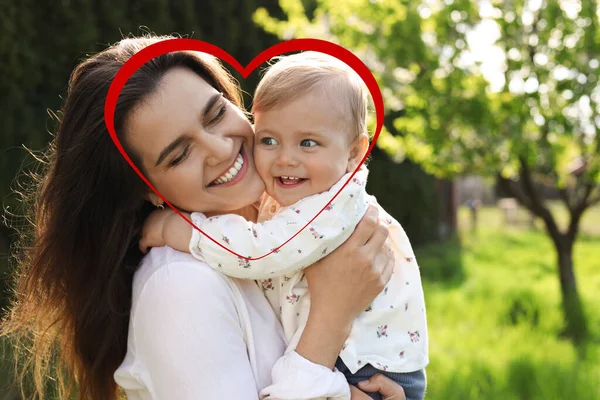 Illustration Red Heart Happy Mother Her Cute Baby Park Sunny — Stock Photo, Image