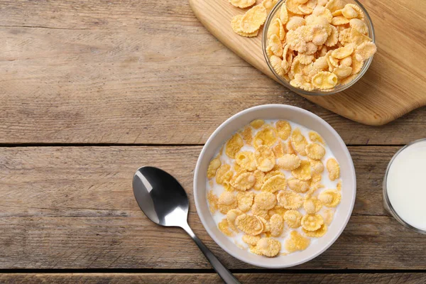 Tasty Cornflakes Milk Served Wooden Table Flat Lay Space Text — Stock Photo, Image