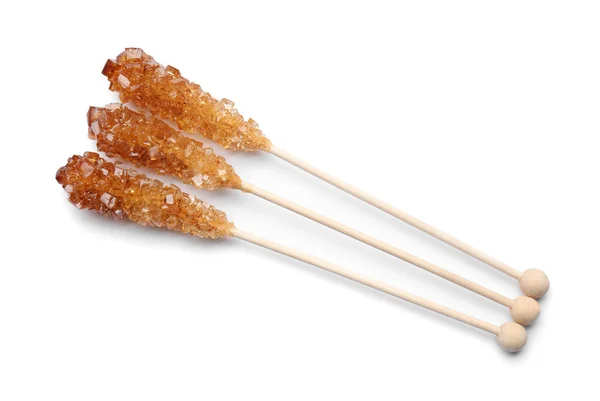 Wooden Sticks Sugar Crystals Isolated White Top View Tasty Rock — Stock Photo, Image