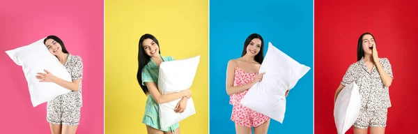 異なる色の背景に柔らかい枕を保持若い女性の写真とコラージュ バナーデザイン — ストック写真