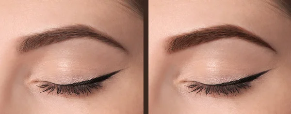 Collage Avec Des Photos Femme Avant Après Teinture Des Sourcils — Photo