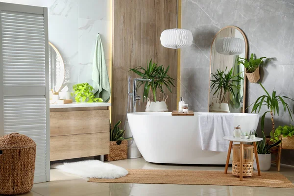 Moderne Witte Kuip Mooie Groene Kamerplanten Badkamer Interieur Ontwerp — Stockfoto