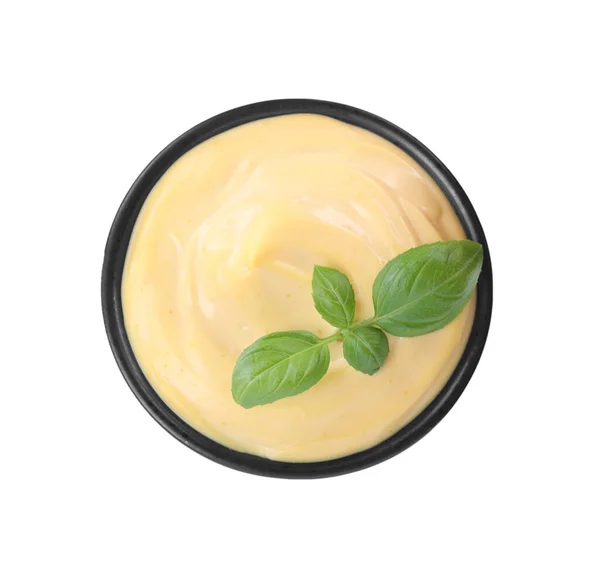 Tasty Cheese Sauce Basil Bowl Isolated White Top View — стоковое фото