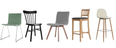 Beyaz arka planda farklı şık sandalyelerle ayarlanmış. Pankart tasarımı