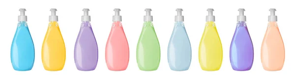 Set Mit Flaschen Mehrfarbiger Flüssigseife Auf Weißem Hintergrund Banner Design — Stockfoto