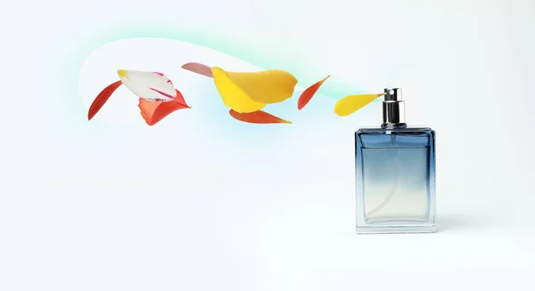 Botella Perfume Con Aroma Floral Sobre Fondo Blanco Diseño Banner — Foto de Stock