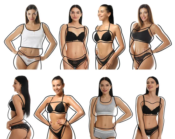 Collage Con Fotos Mujeres Jóvenes Delgadas Que Usan Ropa Interior — Foto de Stock