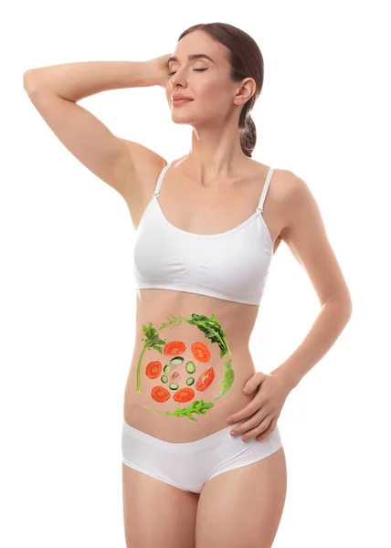 Schlanke Junge Frau Und Bilder Von Gemüse Auf Ihrem Bauch — Stockfoto