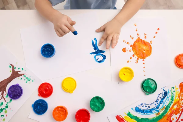 Little Child Painting Finger White Table Indoors Top View — Stock Photo, Image