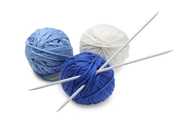 Soft Woolen Yarns Knitting Needles White Background — Stock Photo, Image