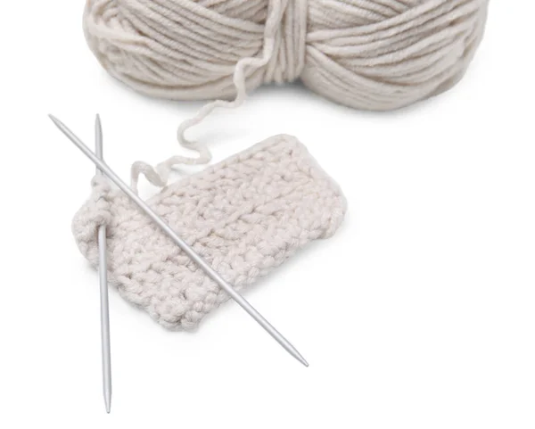 Soft Woolen Yarn Knitting Metal Needles White Background — Stock Photo, Image
