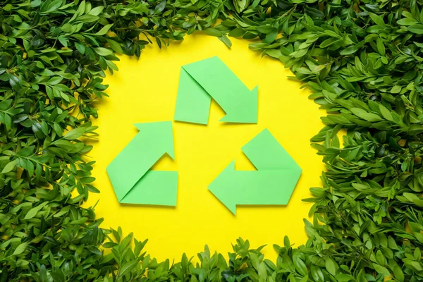 Recycling Symbol Branches Green Plant Yellow Background Flat Lay — Stock Photo, Image