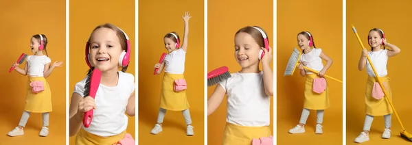 오렌지 배경에서 노래하는 소녀의 콜라주 — 스톡 사진