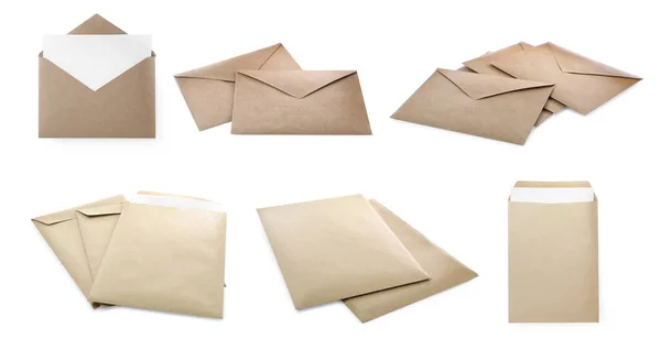 Conjunto Com Envelopes Papel Kraft Branco Sobre Fundo Branco — Fotografia de Stock