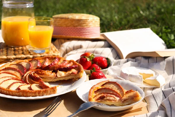 Apfelkuchen Und Verschiedene Produkte Auf Einer Decke Freien Sommerpicknick — Stockfoto